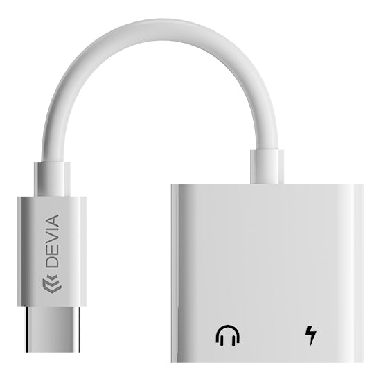 Adaptador DEVIA Smart Series USB-C para 2x USB-C branco com logótipo DEVIA e símbolos de áudio e energia.