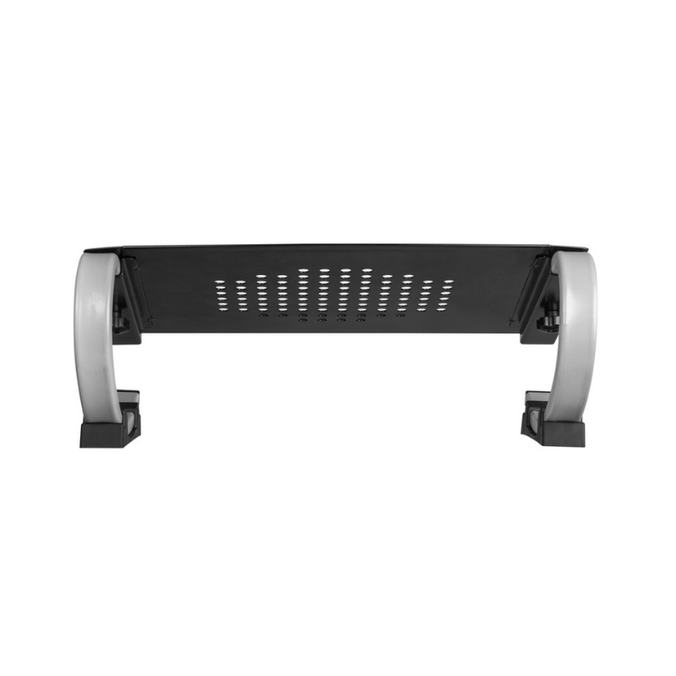 Black laptop stand with silver arms and ventilation holes, adjustable, for up to 17" laptops.