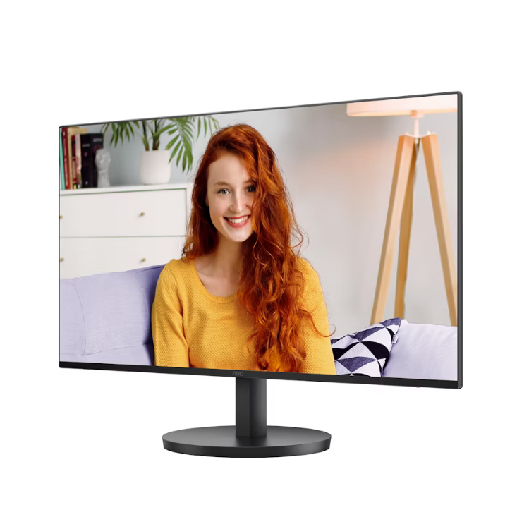 Monitor AOC IPS FHD 27 polegadas com imagem de mulher ruiva sentada no sofá.