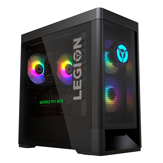 Black Lenovo Legion T5 gaming desktop tower with rainbow fans and GeForce RTX 3070.