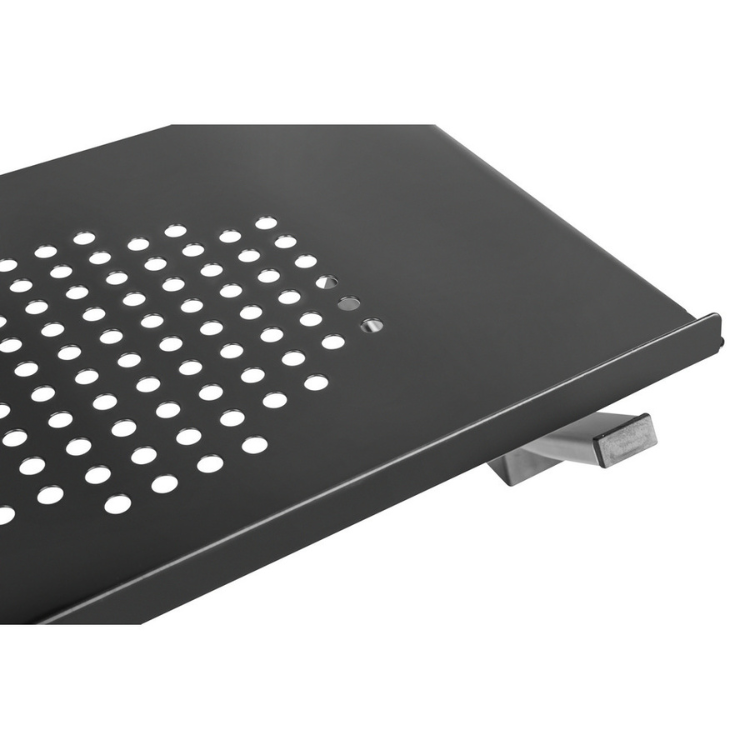 Black ergonomic laptop stand with ventilation holes, adjustable, Napofix ERGO100.