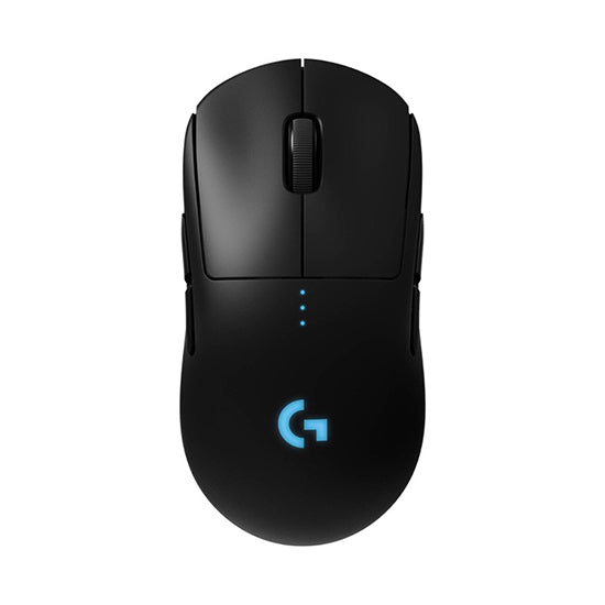 Black Logitech G502 Hero gaming mouse with blue logo and lights, 25600 dpi optical sensor.