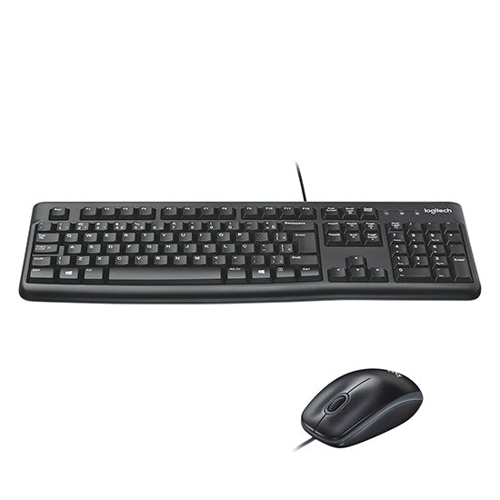Black Logitech keyboard and mouse set, standard QWERTY layout.