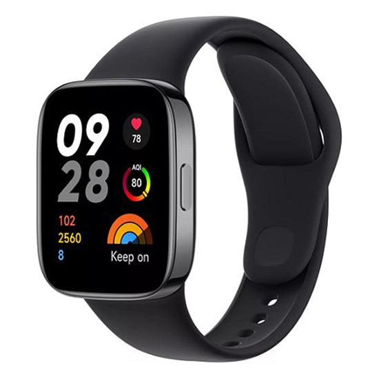 Smartwatch Xiaomi Redmi Watch 3 preto com pulseira preta e ecrã digital a mostrar dados de saúde e data.