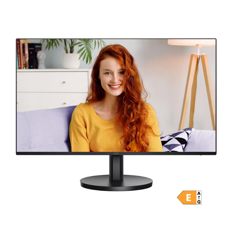 Monitor AOC FHD IPS 24B3HA2 preto com imagem de mulher ruiva sentada no sofá.