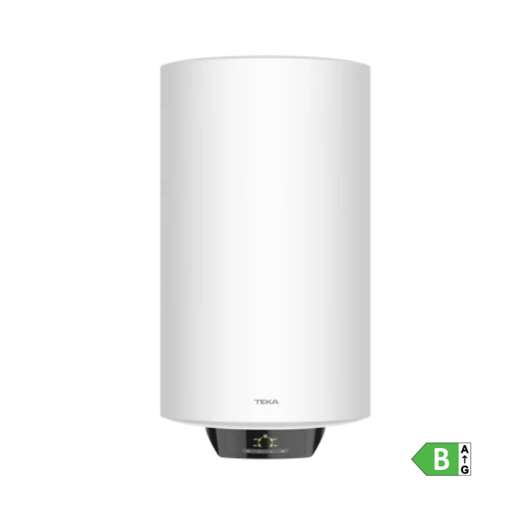 White Teka EWH 80 VE-D water heater, 80L, 1500W, with digital display and green energy efficiency label.