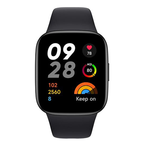 Smartwatch Xiaomi Redmi Watch 3 preto, com mostrador digital a exibir data, frequência cardíaca e outros dados de saúde.