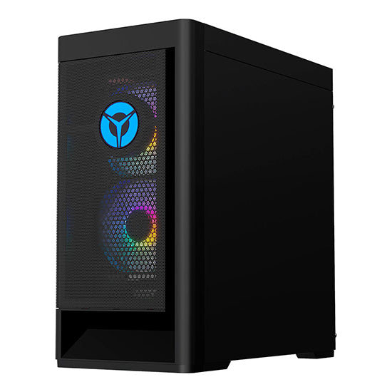 Black Lenovo Legion T5 gaming desktop tower with blue logo and rainbow-colored fans.