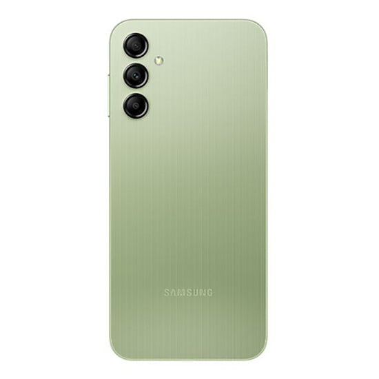 Samsung Galaxy A14 5G, verde, 3 câmeras traseiras, logotipo SAMSUNG.