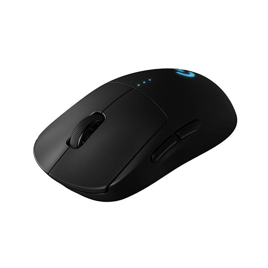 Black Logitech G502 Hero gaming mouse, 25600 dpi, with blue LED lights.