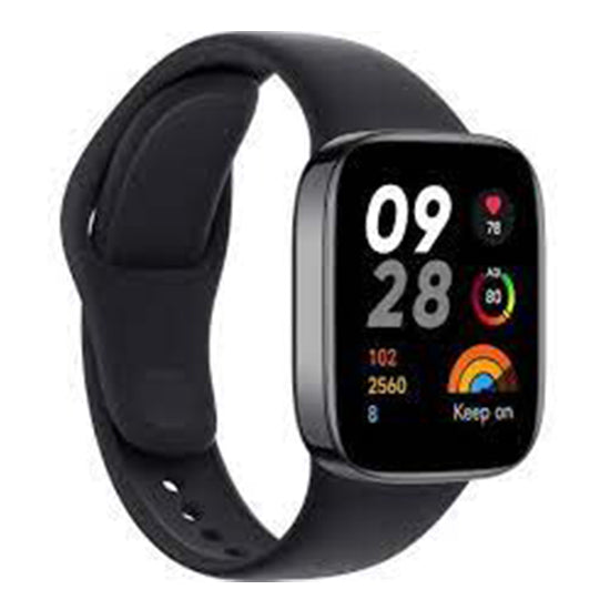 Smartwatch Xiaomi Redmi Watch 3 preto com pulseira preta e ecrã digital mostrando data e indicadores de saúde.