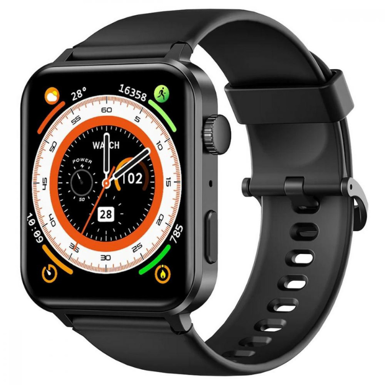 Smartwatch Blackview Watch R30 Pro preto com pulseira de borracha preta e mostrador com números e marcadores coloridos.