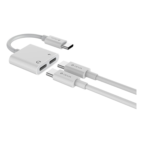 Adaptador DEVIA Smart Series USB-C para 2x USB-C branco com dois cabos USB-C.