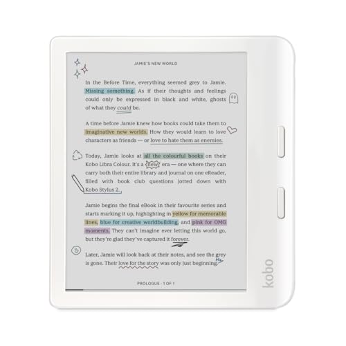 eReader Kobo Libra Colour branco com ecrã a cores a mostrar um livro com texto e destaques coloridos