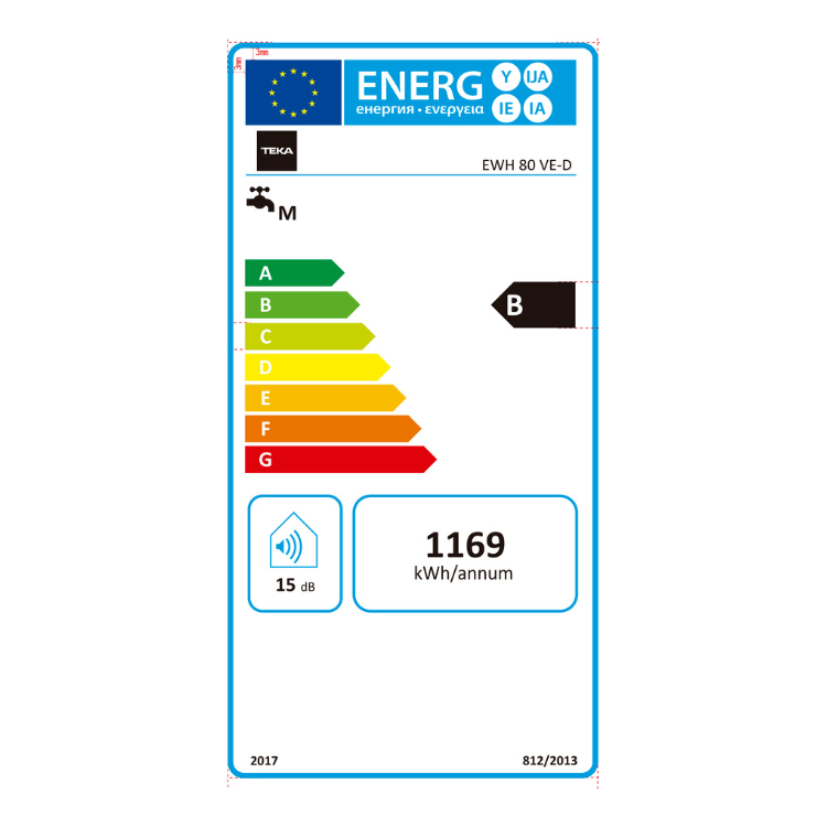 Teka EWH 80 VE-D energy efficiency label, B rated, 1169 kWh/annum consumption.