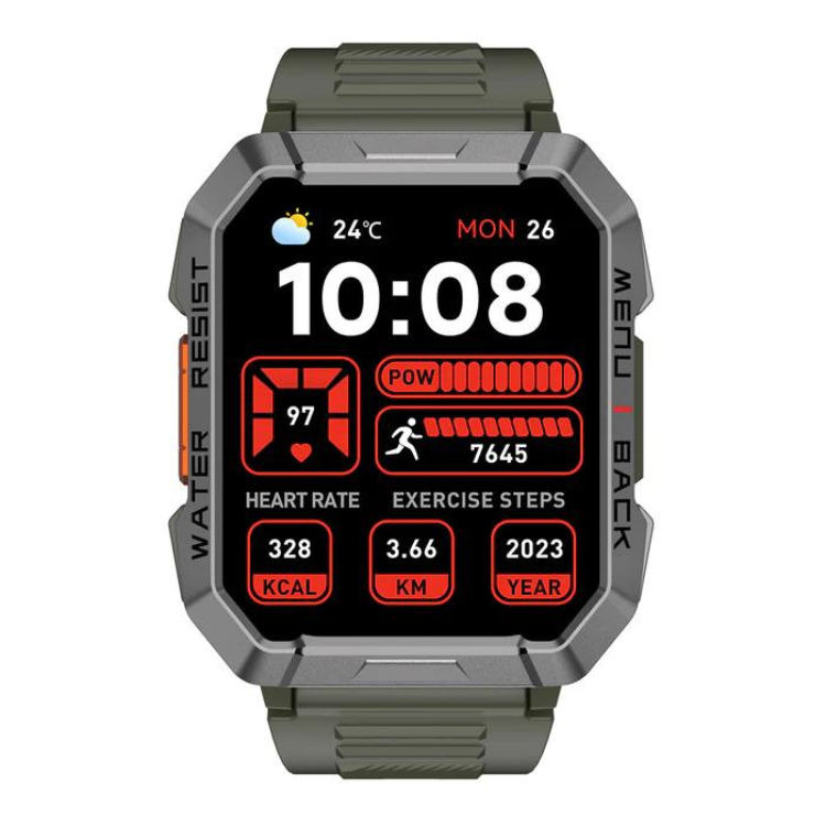 Relógio inteligente Blackview Watch W60 cor cáqui, com pulseira cinza, mostrando o ecrã com dados de frequência cardíaca, passos e outras informações.