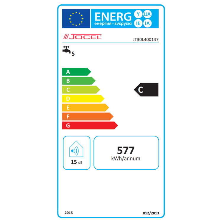 Jocel 30L 2000W termoacumulador energy label, C rating, 577 kWh/annum.