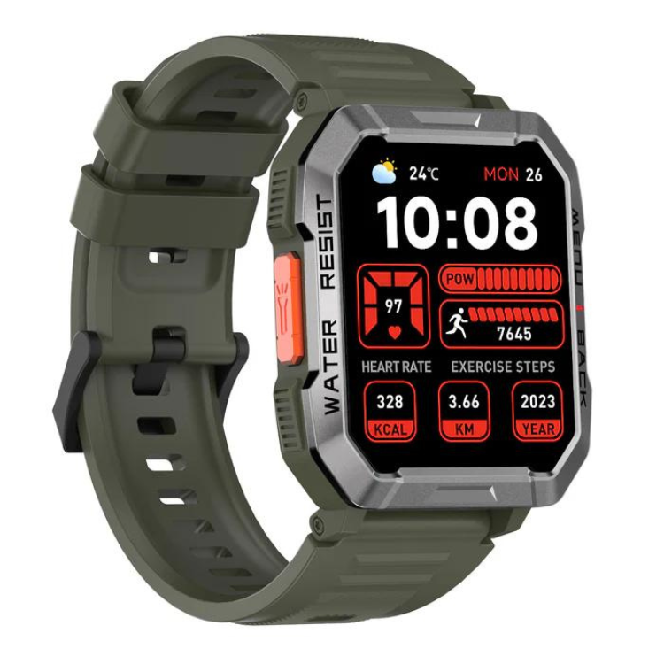 Smartwatch Blackview W60 Cáqui, com pulseira verde, mostrando o ecrã com dados de saúde e desporto.