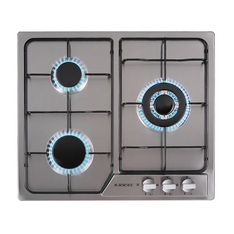 Jocel 3-zone gas hob, stainless steel, 3 burners, blue flames.