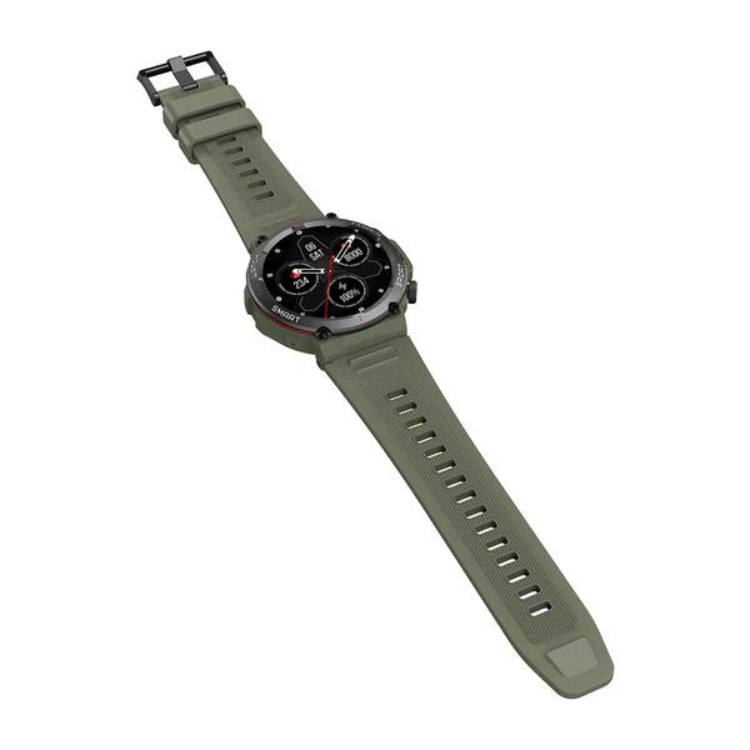 Smartwatch Blackview W50 verde com pulseira de borracha e ecrã preto.