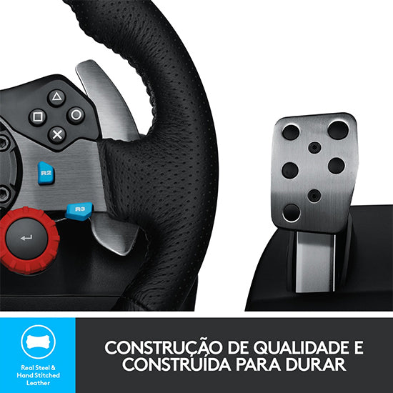 Logitech G29 black racing wheel with pedals, leather steering wheel, red accents.