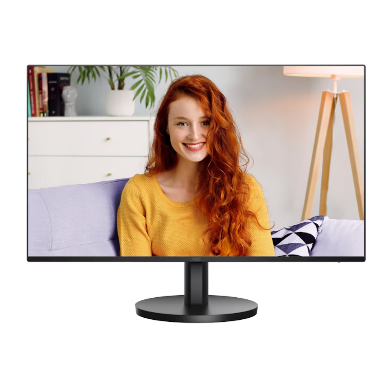 Monitor AOC FHD IPS 24B3HA2, 24 polegadas, preto, com imagem de mulher ruiva a sorrir.