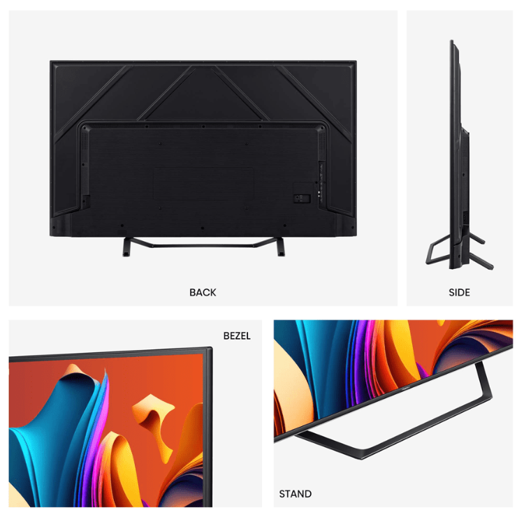Televisão Hisense A7NQ 2024 Smart TV 4K QLED 43" preta com detalhes de design.