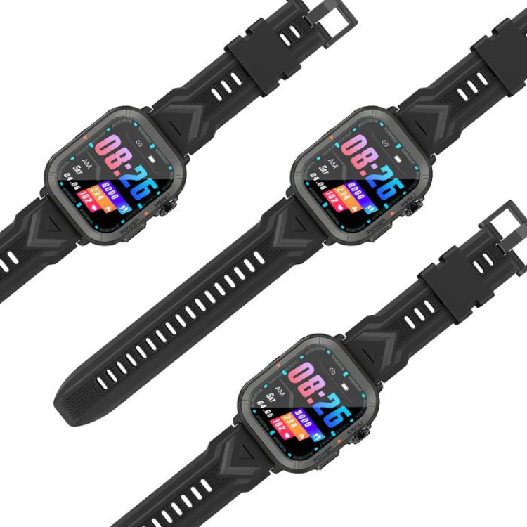 Smartwatch Blackview W30 preto, três unidades com pulseira e ecrã digital colorido a mostrar o horário.