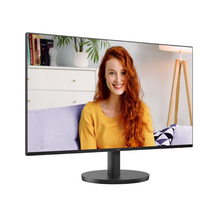 Monitor AOC 24B3HA2, 24 polegadas, FHD IPS, 100Hz, 1ms, com imagem de mulher ruiva a sorrir.