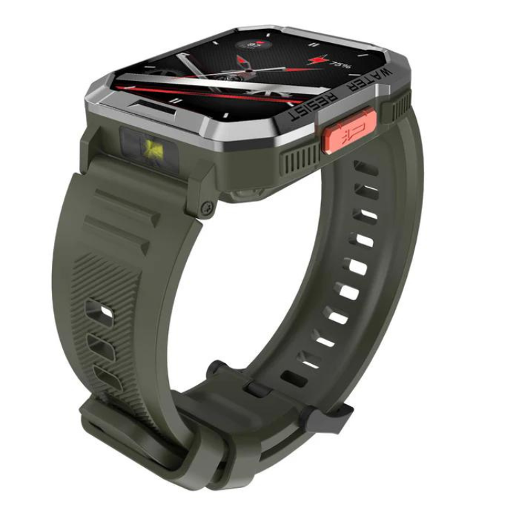 Smartwatch Blackview W60 cáqui com pulseira de borracha e ecrã preto.