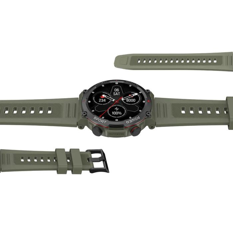 Smartwatch Blackview W50 verde com pulseira removível e ecrã preto mostrando data, hora e outros dados.