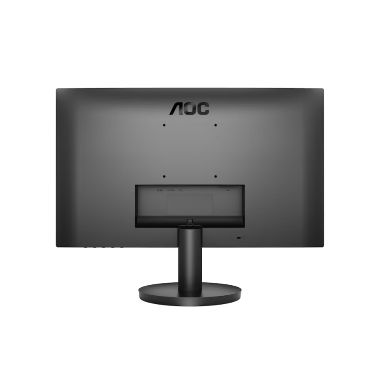 Monitor AOC 24B3HA2 preto com suporte, visto por trás.
