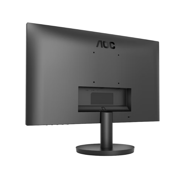 Monitor AOC 24B3HA2 preto com suporte, visto por trás.