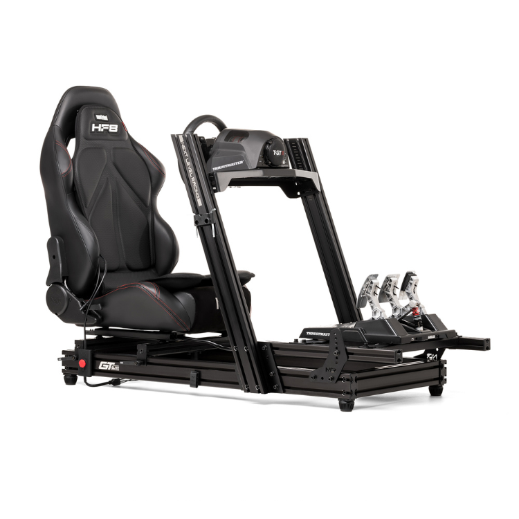 Next Level Racing HF8 gaming simulator with black seat and pedals.