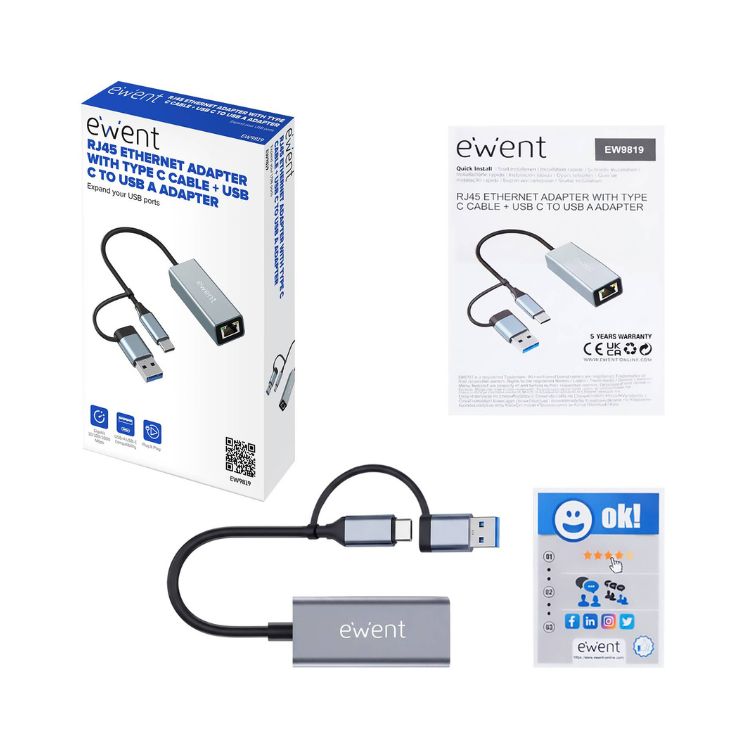 Adaptador de Rede Ewent EW9819 USB-C/USB-A RJ45 Gigabit