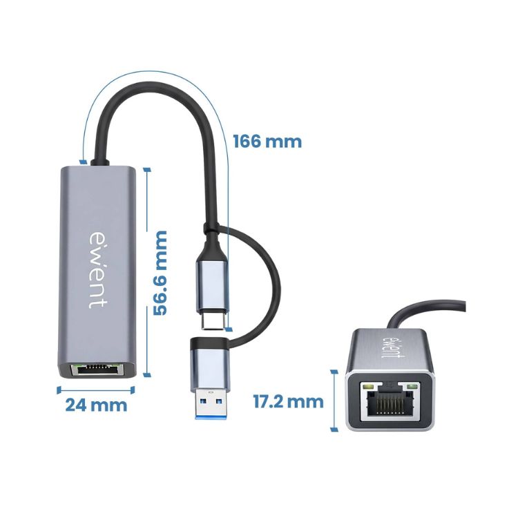 Adaptador de Rede Ewent EW9819 USB-C/USB-A RJ45 Gigabit