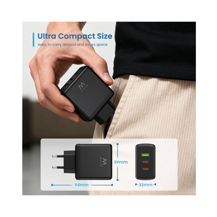 Carregador Ewent EW1331 GaN 2xUSB-C PD USB-A QC 65W Preto