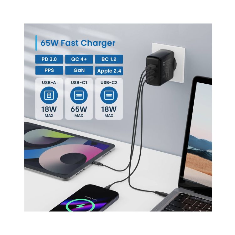 Carregador Ewent EW1331 GaN 2xUSB-C PD USB-A QC 65W Preto