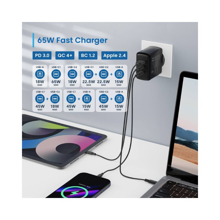 Carregador Ewent EW1331 GaN 2xUSB-C PD USB-A QC 65W Preto