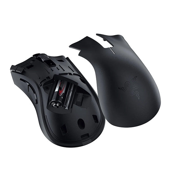Black Razer DeathAdder V2 X HyperSpeed wireless gaming mouse with battery compartment open and extra cover.