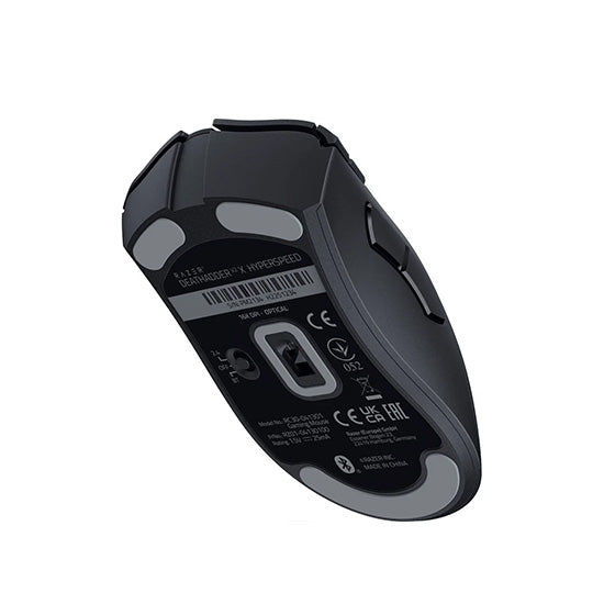 Black Razer DeathAdder V2 X HyperSpeed wireless gaming mouse underside view.