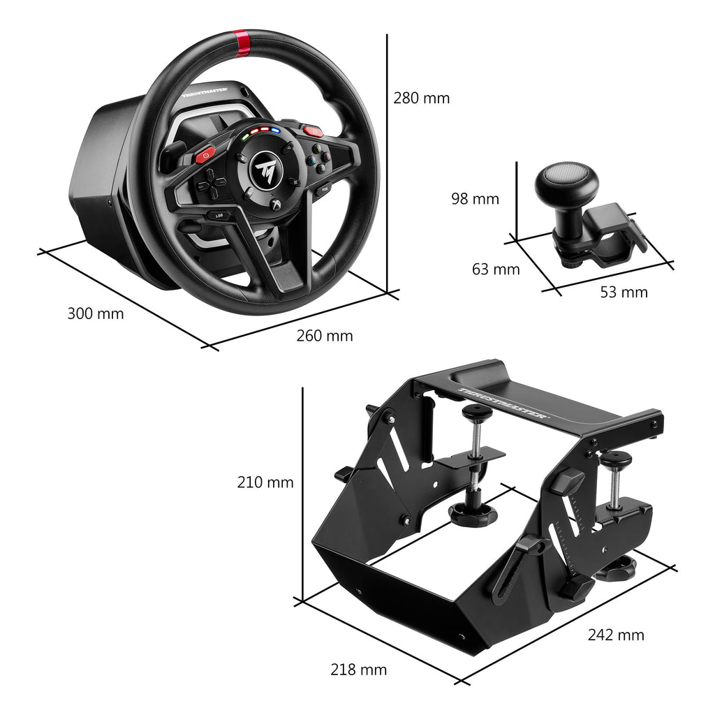 Thrustmaster T128 steering wheel and pedals set, black, with red accents, and mounting system.