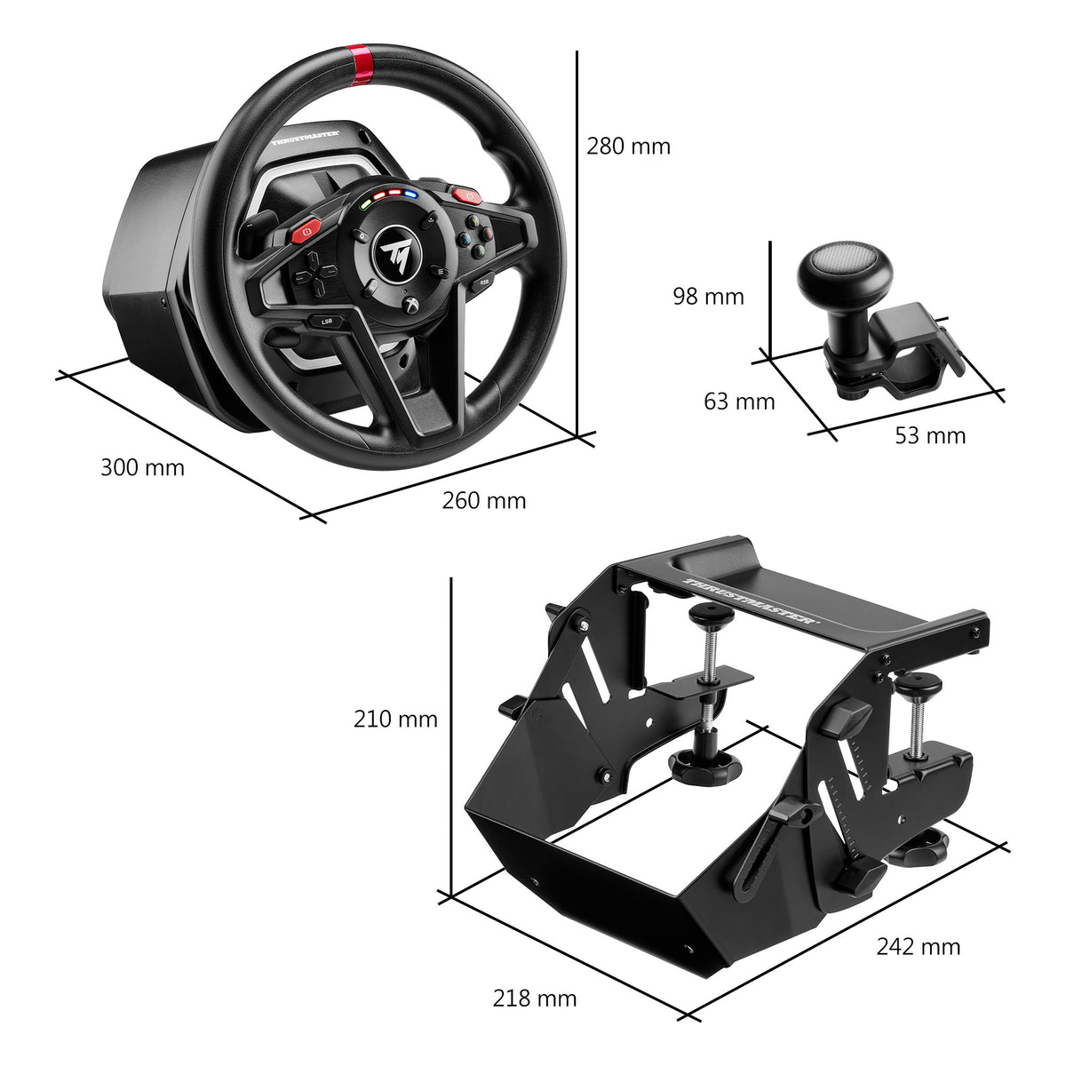 Thrustmaster T128 steering wheel and pedals set, black, with red accents, and mounting system.