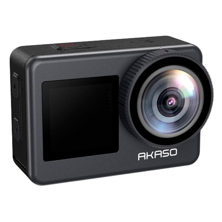 Black AKASO Brave 7 action camera with lens and screen.