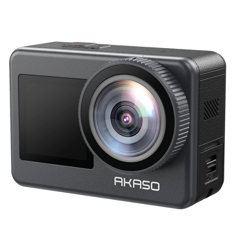 Black AKASO Brave 7 action camera with lens and screen.