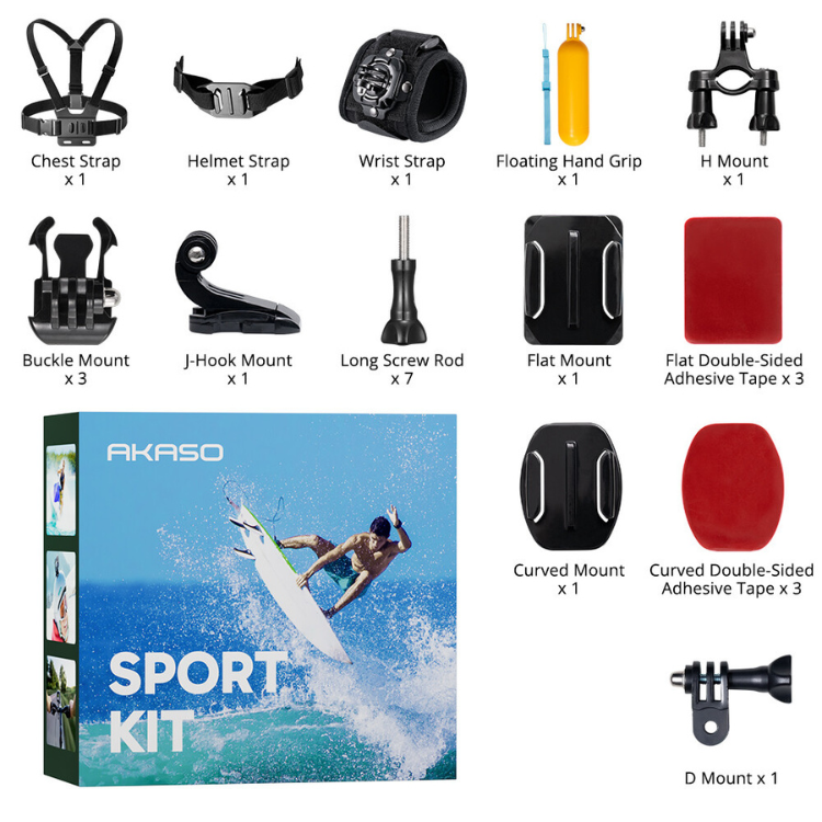 Akaso Brave 7 Sport Kit box and accessories, black action camera kit.
