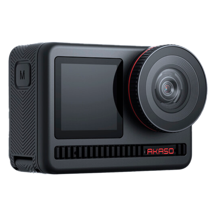 Black Akaso action camera with red accents and 2-inch screen.