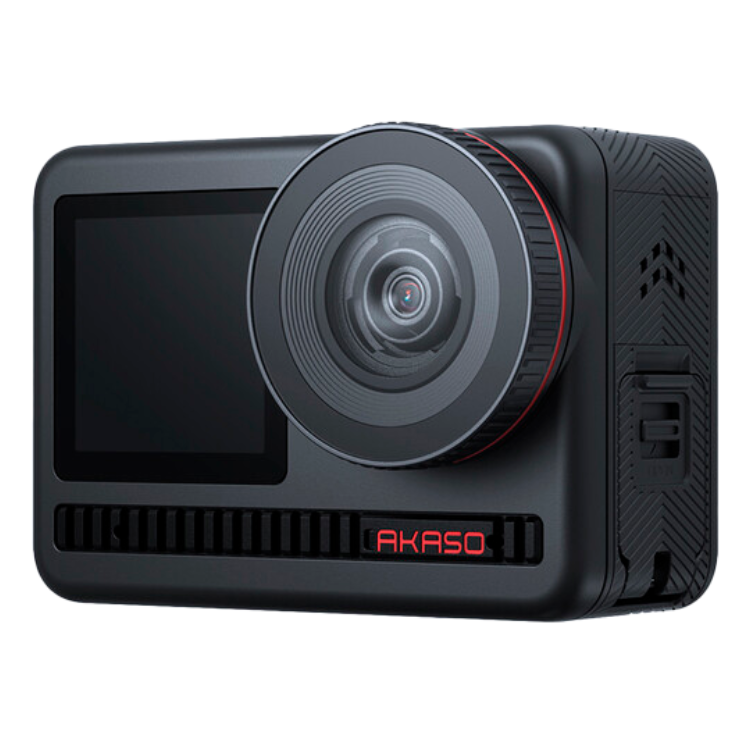 Black Akaso action camera with red accents and LCD screen.