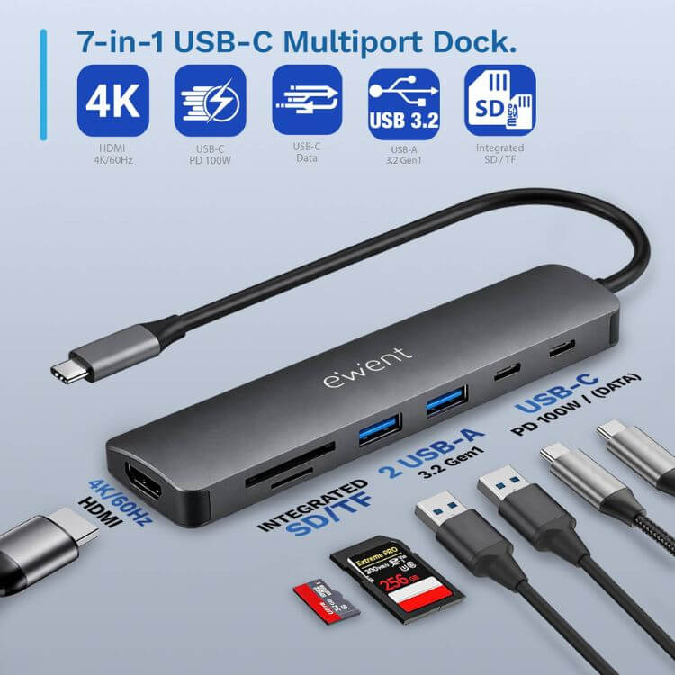 Adaptador Ewent EW1152 USB-C 7 em 1 (1x USB‑C + 2x USB 3.2 Gen1 + 1x HDMI 4K60 + SD/TF 2.0, 1x USB‑C PD 100W)