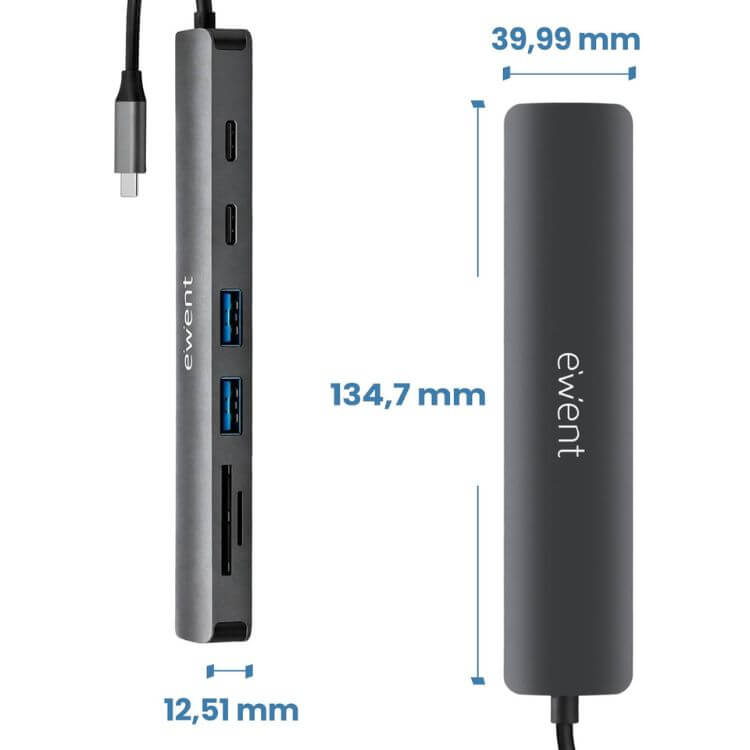 Adaptador Ewent EW1152 USB-C 7 em 1 (1x USB‑C + 2x USB 3.2 Gen1 + 1x HDMI 4K60 + SD/TF 2.0, 1x USB‑C PD 100W)